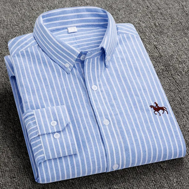 Casual Pure Cotton Oxford Mens Shirts Long Sleeve Embroidery Horse Design Regular Fit Fashion Button Man White Dress Shirt - Ellianto fashion Men's