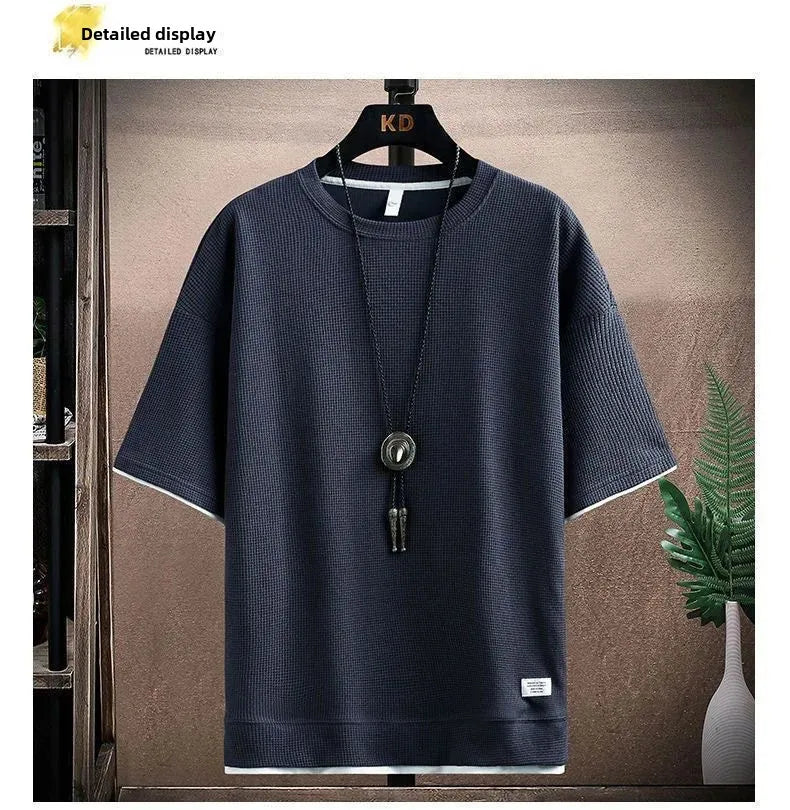 Casual Men's Sportswear Set Summer Short Sleeve Drawstring Shorts Loose Five-Quarter Pants Thin Male Outfit Two-Piece Suit - Ellianto fashion Men's