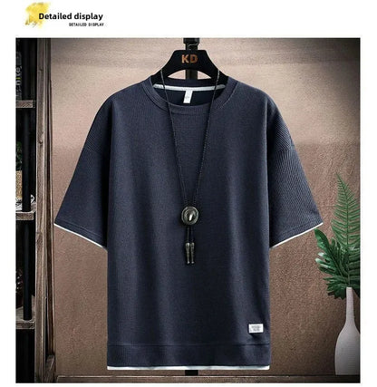 Casual Men's Sportswear Set Summer Short Sleeve Drawstring Shorts Loose Five-Quarter Pants Thin Male Outfit Two-Piece Suit - Ellianto fashion Men's