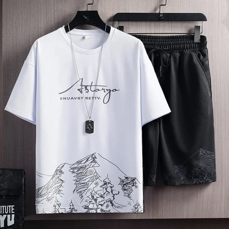 Men’s Ice Silk Gradient Set – Lightweight Short-Sleeve Tee & Casual Shorts for Summer Comfort and Sporty Style