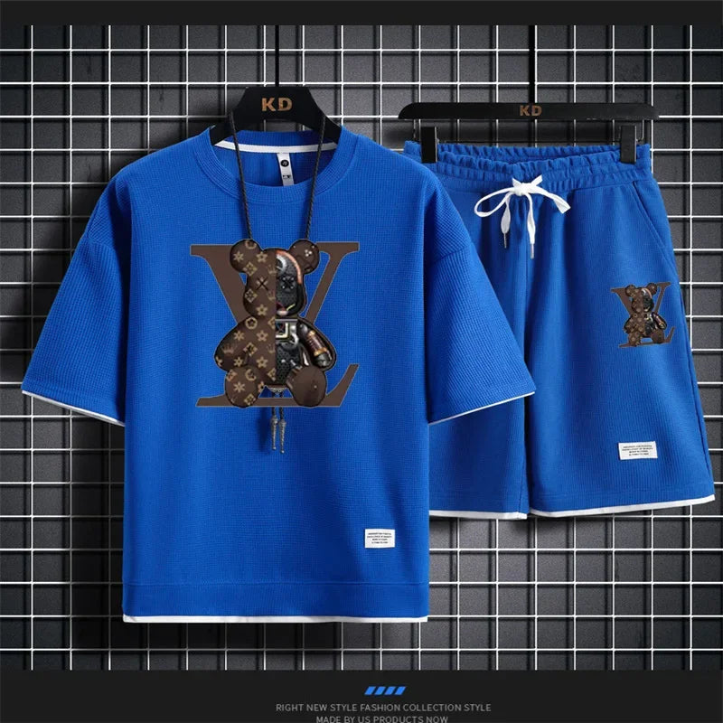 Set 2025 Summer Trend European and American men's sportswear Set: A brand-new outdoor jogging casual breathable short-sleeved T-shir - Ellianto fashion Men's