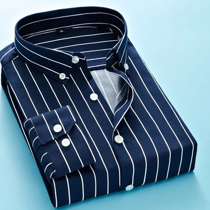 Men's Long Sleeve Blue White Striped Shirt Dress Fashion Standard-fit Button Down Shirts Blouse Men Hip-hop Streetwear Camisas - Ellianto fashion Men's