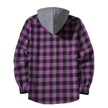 Men's Shirts Classic Plaid Casual Button Down Hooded Long Sleeved Double Pockets Shirt Hoodie Flannel Jacket Spring Autumn Tops - Ellianto fashion Men's