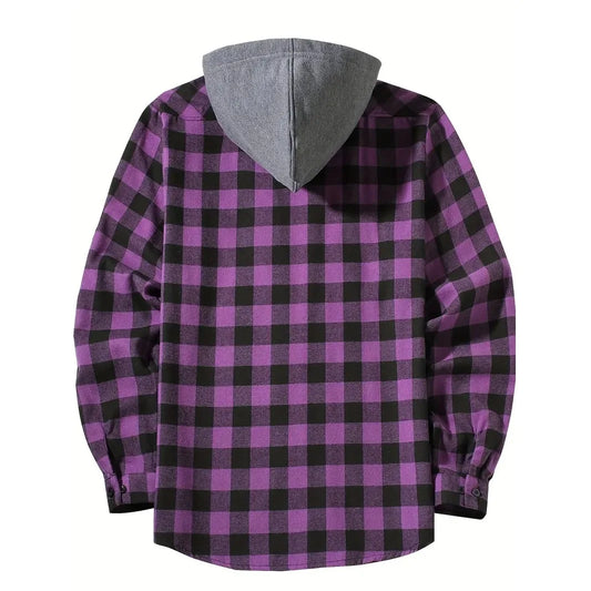 Men's Shirts Classic Plaid Casual Button Down Hooded Long Sleeved Double Pockets Shirt Hoodie Flannel Jacket Spring Autumn Tops - Ellianto fashion Men's