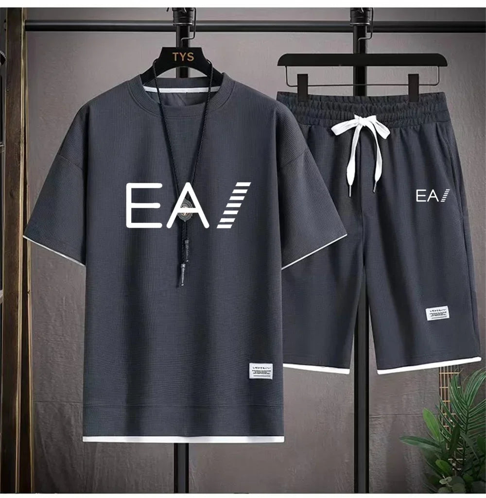 Set A new summer European men's breathable waffle round-neck short-sleeved and jogging sports shorts digital printing two-piece set - Ellianto fashion Men's