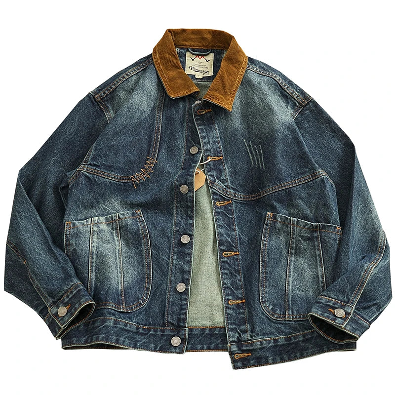 Spring New American Retro Heavyweight Neckline Contrast Color Corduroy Washed Old Cargo Denim Jacket Men's Lapel Casual Coat