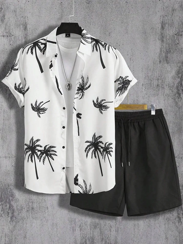 Set Hawaiian Coconut Tree Print Men's Shirt Summer Short Sleeve Tops Beach Shorts 2 Piece Sets Casual Vacation Style Outfit Clothing - Ellianto fashion Men's