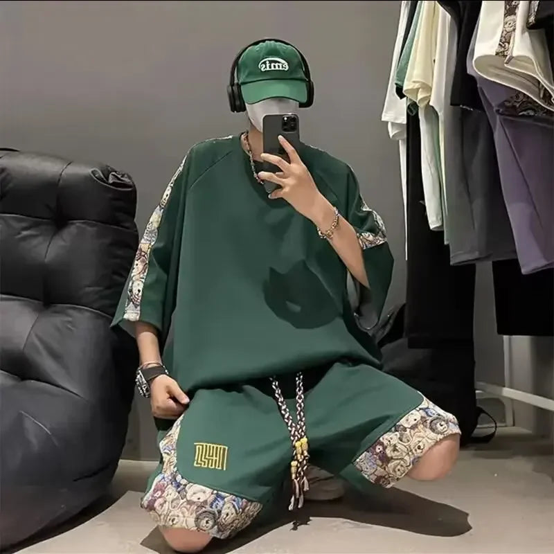 Chinese Style Men's Loose-fit Short Sleeve T-shirt Patchwork Design Sensibility Summer Sport Casual 2-piece Set - Ellianto fashion Men's