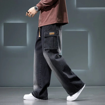 8XL Jeans New Wide Leg Washing Pants Men Trousers Neutral Solid Color Loose Casual Korean Fashion Pocket Plus Size Cargo Pant - Ellianto fashion Men's