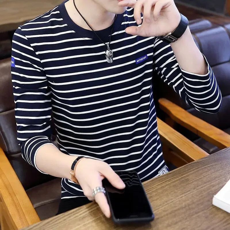 T Shirts for Men Stripe Tops Red Cotton Male Clothes Round Neck Harajuku Fashion Sale High Brand Regular Fit It Full Sleeve Tee - Ellianto fashion Men's