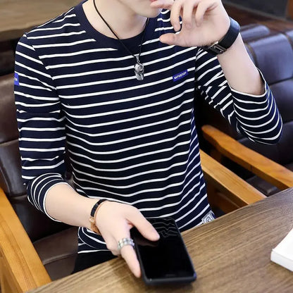 T Shirts for Men Stripe Tops Red Cotton Male Clothes Round Neck Harajuku Fashion Sale High Brand Regular Fit It Full Sleeve Tee - Ellianto fashion Men's
