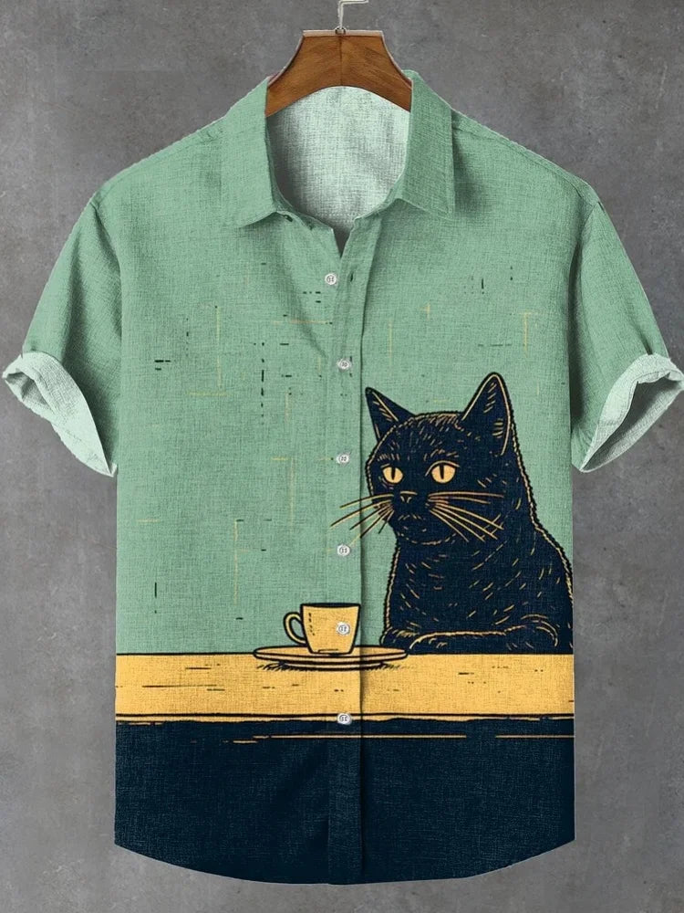 Set Men's Funny Black Cat Chilling Coffee Art Print Shirt Retro Vintage Japanese Style Short Sleeve Lapel Collar Summer Blouses Tops - Ellianto fashion Men's