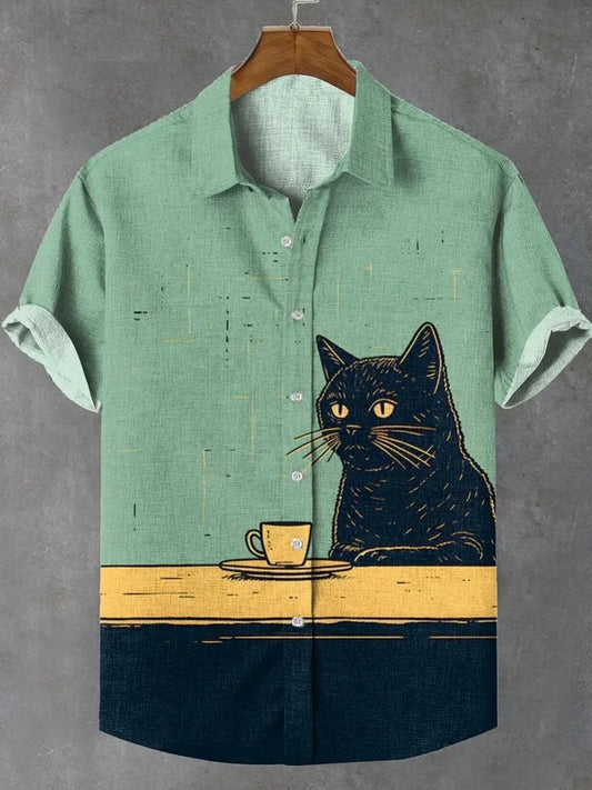 Set Men's Funny Black Cat Chilling Coffee Art Print Shirt Retro Vintage Japanese Style Short Sleeve Lapel Collar Summer Blouses Tops - Ellianto fashion Men's