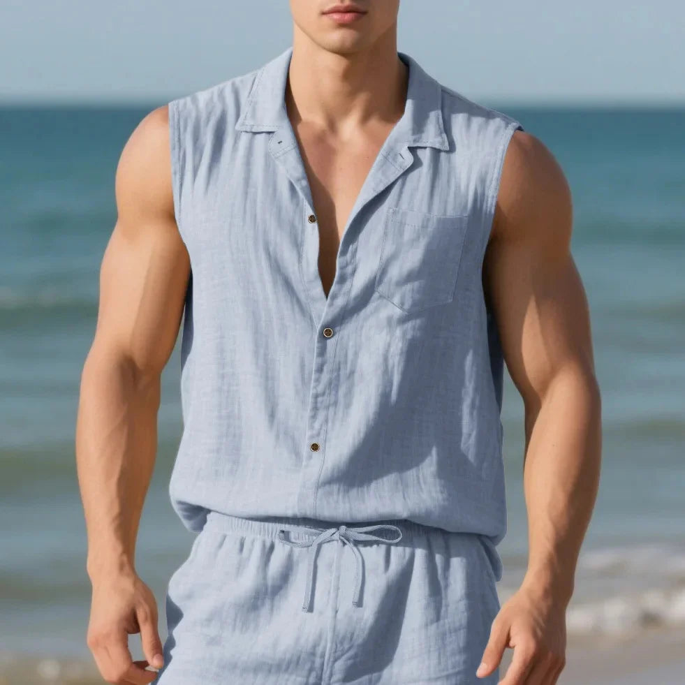 Men’s Summer Linen Sleeveless Open Shirt – Lightweight, Breathable Comfort with Relaxed, Sophisticated Style for the Modern Gentleman