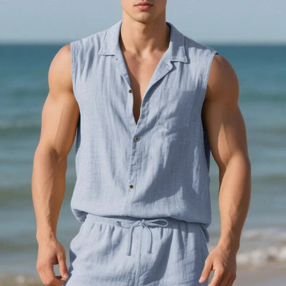 Men’s Summer Linen Sleeveless Open Shirt – Lightweight, Breathable Comfort with Relaxed, Sophisticated Style for the Modern Gentleman