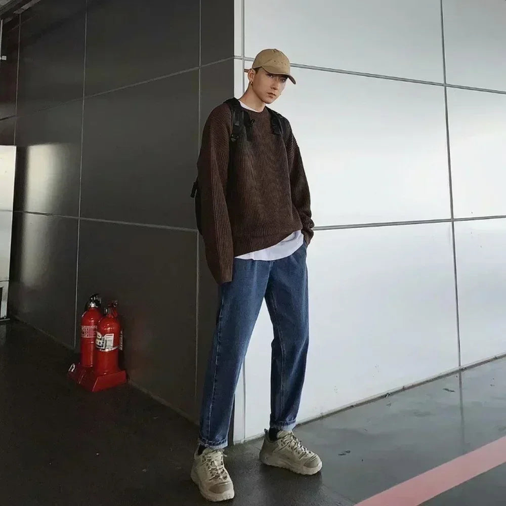 Korean Fashion Sweaters Men Autumn Solid Color Wool Sweaters Slim Fit Men Street Wear Mens Clothes Knitted Sweater Men Pullovers - Ellianto fashion Men's