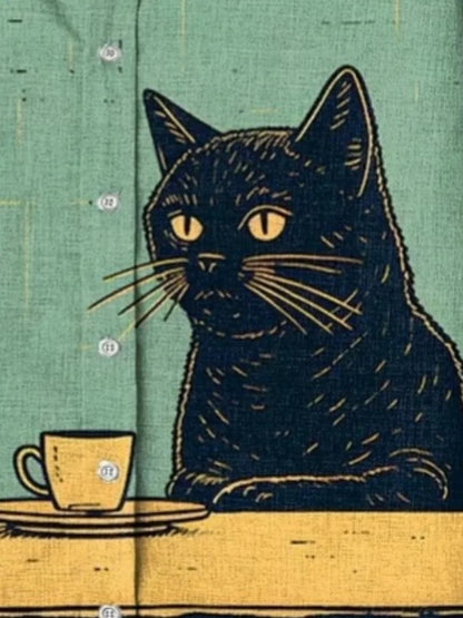 Set Men's Funny Black Cat Chilling Coffee Art Print Shirt Retro Vintage Japanese Style Short Sleeve Lapel Collar Summer Blouses Tops - Ellianto fashion Men's