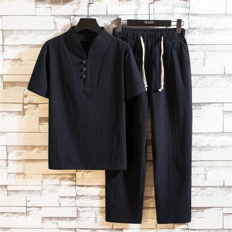 Linen Suit Men's Summer Short Sleeve Hanfu Ancient Buddhist System Zhenshi V-neck T-shirt Cotton Linen 2-piece Set - Ellianto fashion Men's