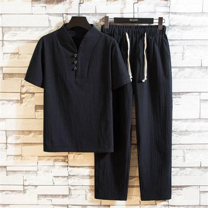 Linen Suit Men's Summer Short Sleeve Hanfu Ancient Buddhist System Zhenshi V-neck T-shirt Cotton Linen 2-piece Set - Ellianto fashion Men's