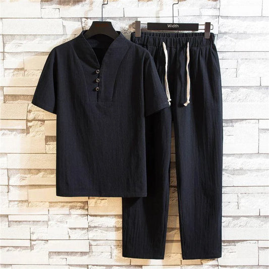 Linen Suit Men's Summer Short Sleeve Hanfu Ancient Buddhist System Zhenshi V-neck T-shirt Cotton Linen 2-piece Set - Ellianto fashion Men's