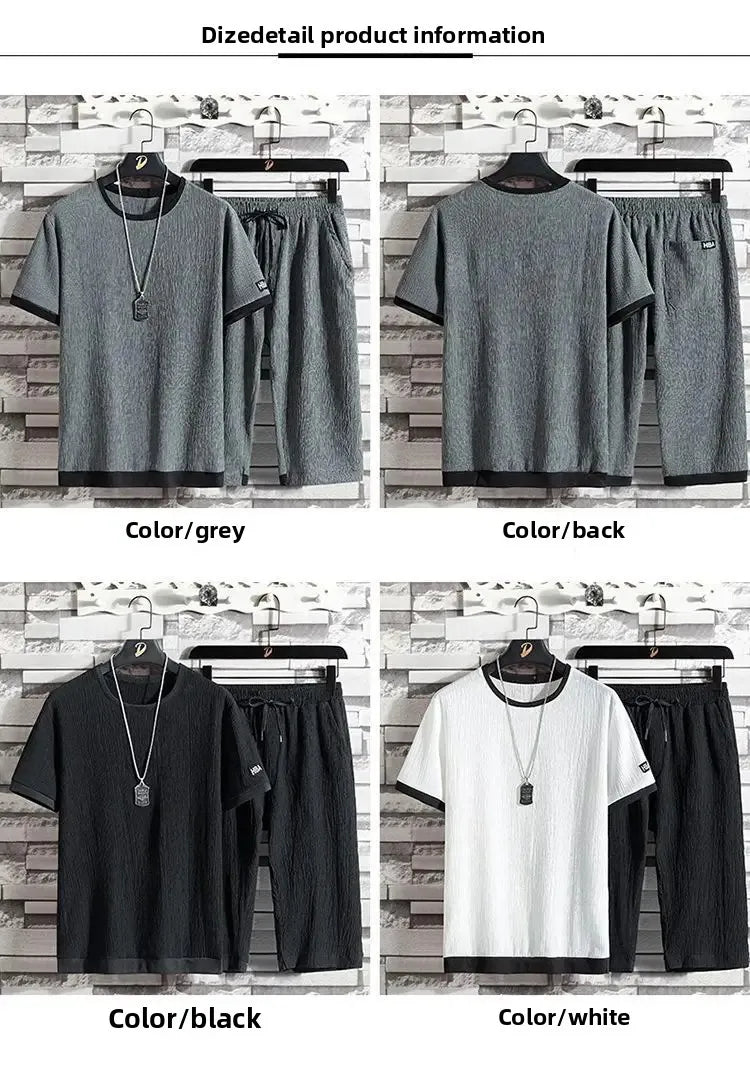 Ice Silk Men's Summer Loose Large Size Casual Sports Set Short Sleeve Seven Pants Two Piece Set Comfortable Breathable Clothing - Ellianto fashion Men's