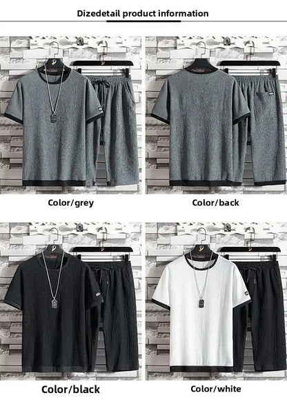 Ice Silk Men's Summer Loose Large Size Casual Sports Set Short Sleeve Seven Pants Two Piece Set Comfortable Breathable Clothing - Ellianto fashion Men's