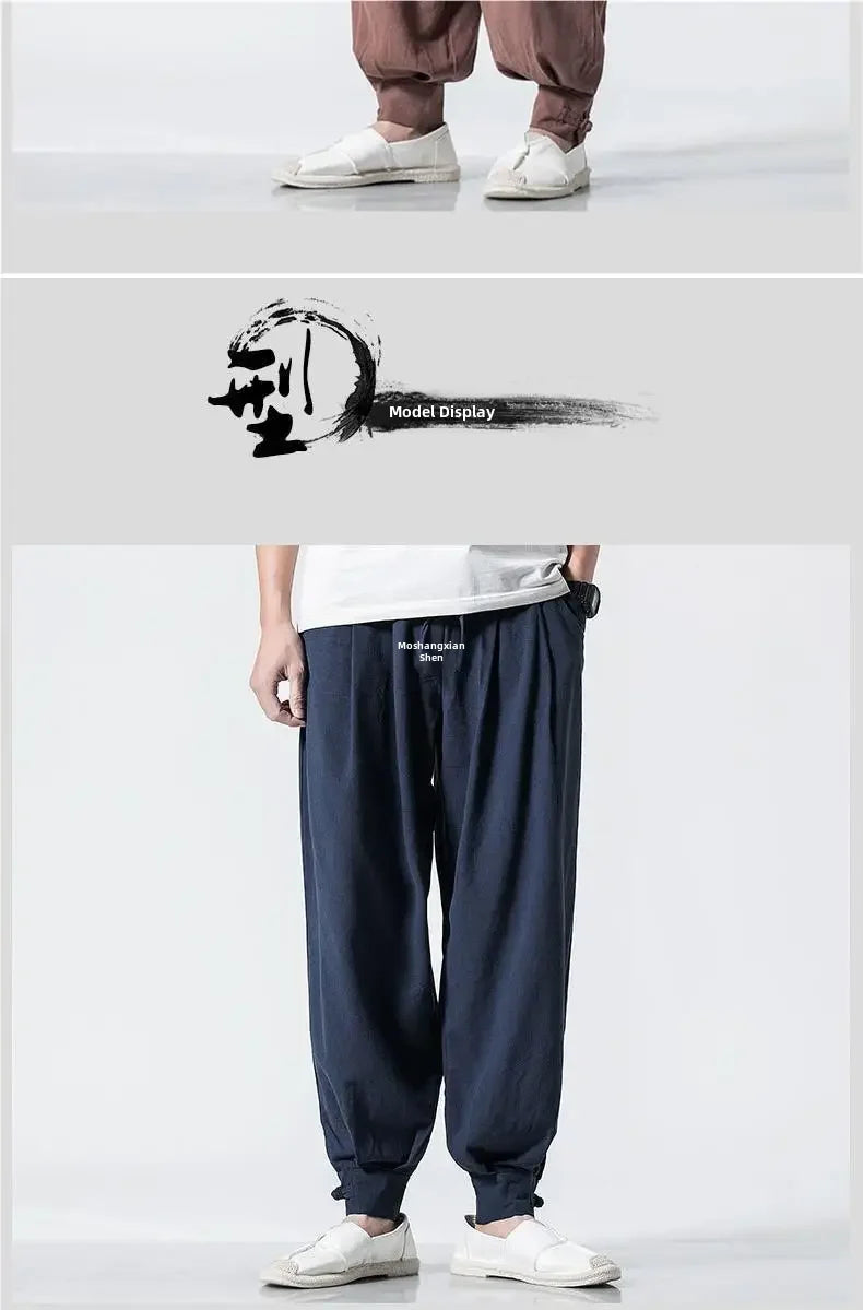 Loose-fit Cotton Linen Men's Women's Monk Pants No Tying Required Casual Spring Summer Long Pants For Zen Meditation - Ellianto fashion Men's