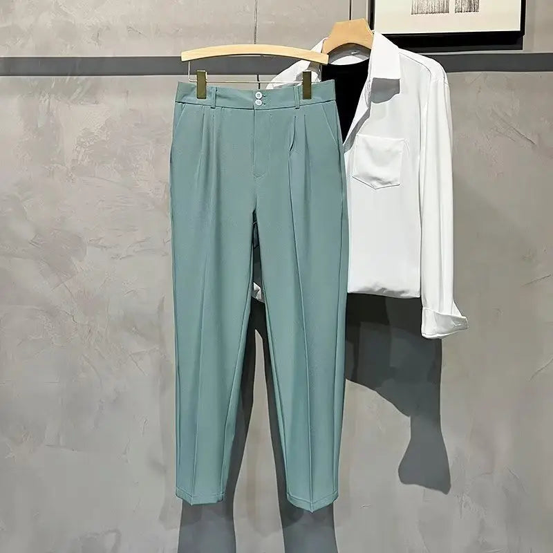 Straight Slim Fit Man 9 Cropped Suits Pants Vintage Elegant Suit Trousers for Men Summer 2025 Work Wear Fashion Luxury Clothing - Ellianto fashion Men's