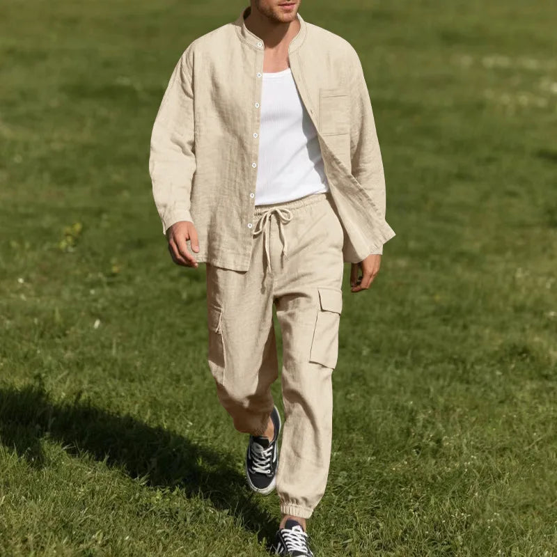 Spring and Summer Men's Linen Button Long Sleeved Shirt and Pants Set, Fashionable, Casual, Breathable, Quick Drying 2-Pie Set - Ellianto fashion Men's