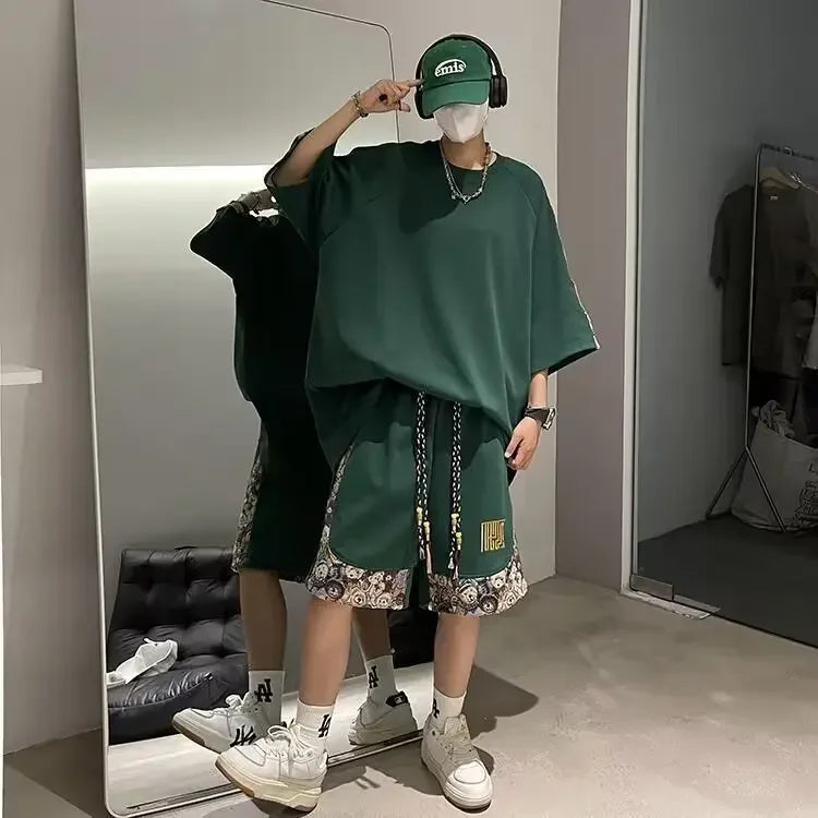 Chinese Style Men's Loose-fit Short Sleeve T-shirt Patchwork Design Sensibility Summer Sport Casual 2-piece Set - Ellianto fashion Men's