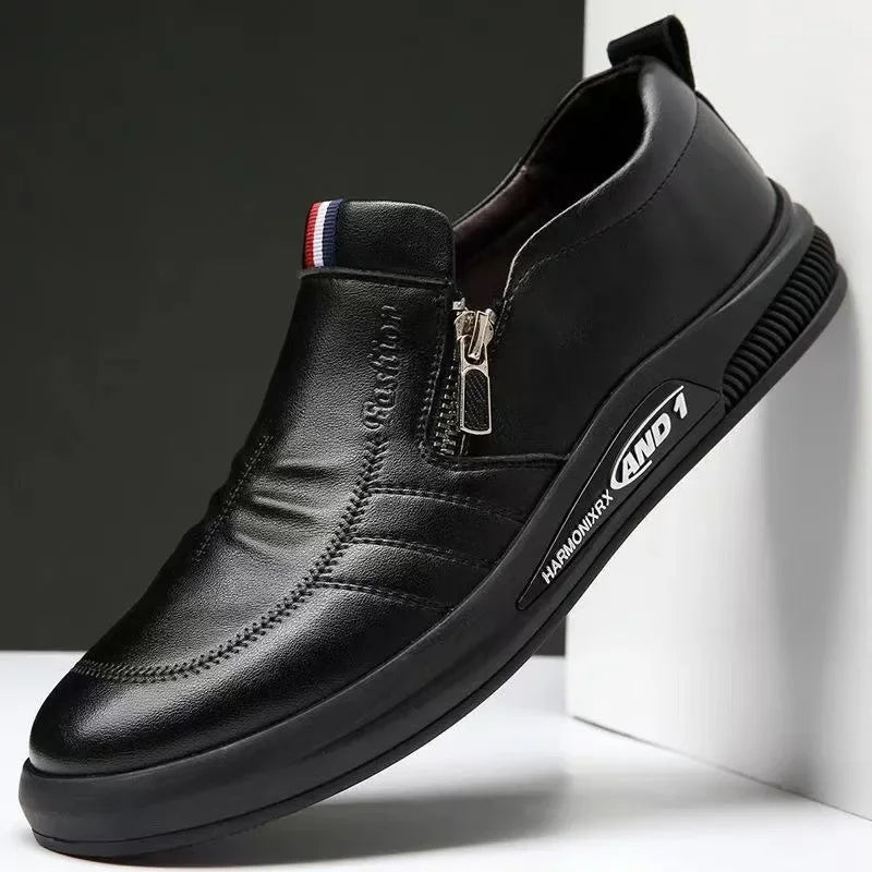 Business Men's Leather Shoes Fashion Man Dress Shoes Autumn ZIP Man's Sneakes 2025 New Lightweight Flat Male Casual Loafers - Ellianto fashion Men's