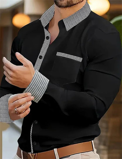 Men's Button Up Shirt, Black and White Solid Color, Long Sleeved Striped Cuffs, Lapel Collar, Daily Vacation Pocket, Fashionable - Ellianto fashion Men's