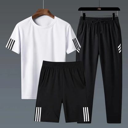 Summer Casual Sports Men's Short Sleeve T-Shirt plus Size Three-Piece Set New Style Long Pants Comfortable Breathable Clothing - Ellianto fashion Men's