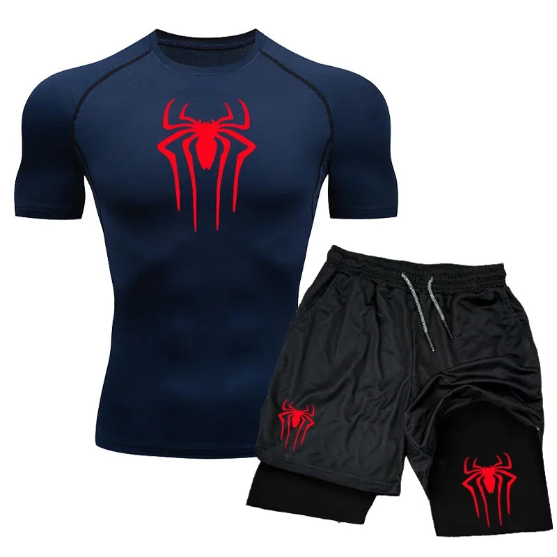 Men’s Spider-Print Compression Sports Set – Lightweight Quick-Dry Gym T-Shirt & Shorts for Effortless 2-Piece Training Comfort