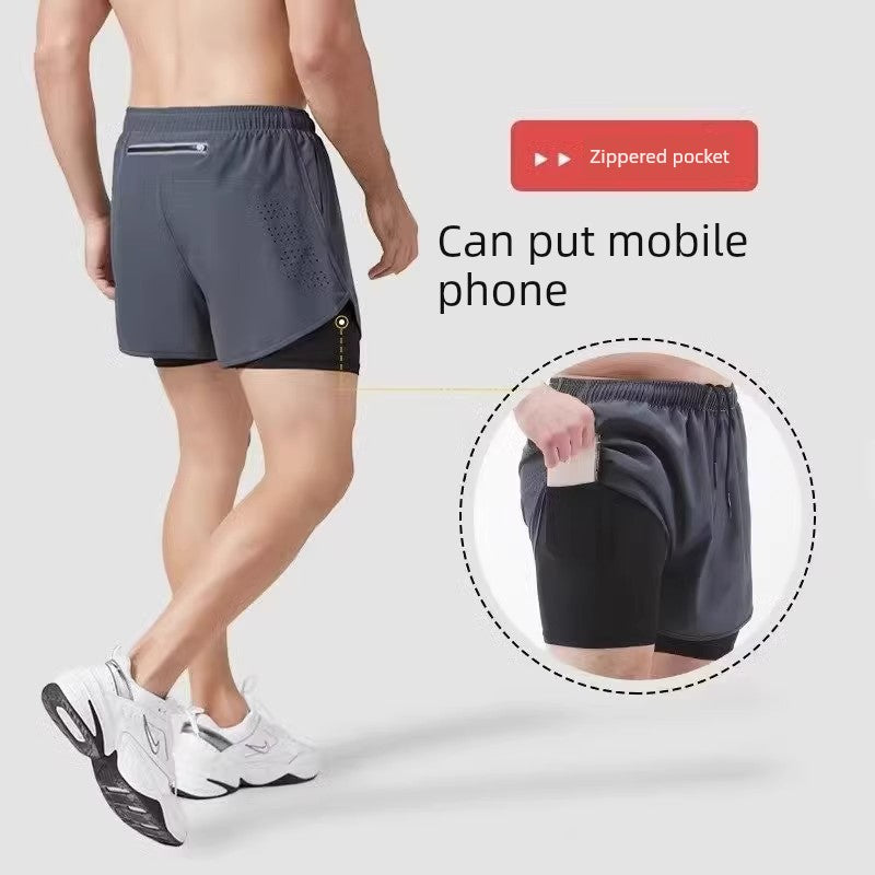 Leak-Picking Professional Running Exercise Shorts Men's Handphone-Friendly Three Points Pant Belt Lining Back Waist Zipper Pocket Fashion - Ellianto fashion Men's