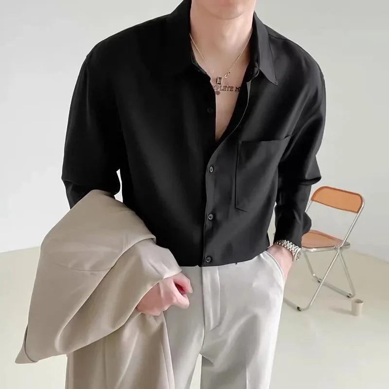 2025 Spring Autumn Korean Style Loose Fit Long Sleeve Shirt Men's Trendy Draped No Ironing Solid Color Shirt One Piece Exchange