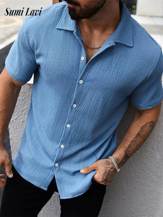 Vintage Textured Breathable Thin Shirts Mens Clothing Casual Solid Color Cardigans Men Fashion Button Lapel Short Sleeve Shirt - Ellianto fashion Men's
