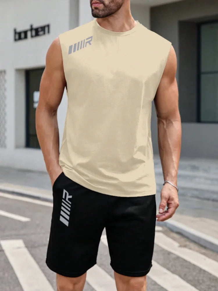 Fashion Summer Set 2 Pieces Men's New Clothing Tracksuit Sports Style Logo Set Outfits Men Sleeveless Tank Top And Shorts Suits - Ellianto fashion Men's