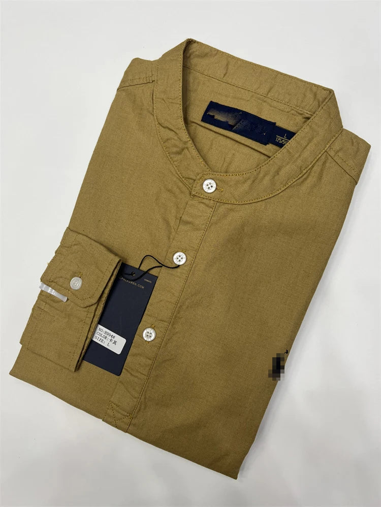 Spring Autumn Men's Linen Cotton Color Simple Embroidery Label Slim Long Sve irt Busin Casual Stand Collar irt - Ellianto fashion Men's