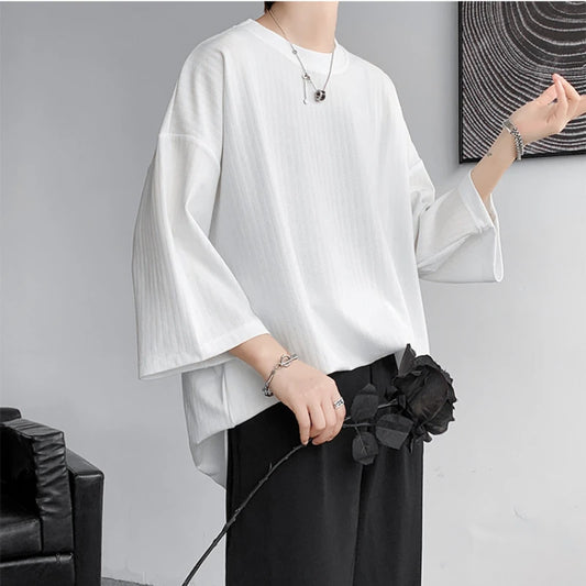 Summer Men Half Sleeves T Shirt Ice Silk Drooping Feeling Oversized Vertical Stripes Tops Loose Round Neck Medium Length T-shirt - Ellianto fashion Men's
