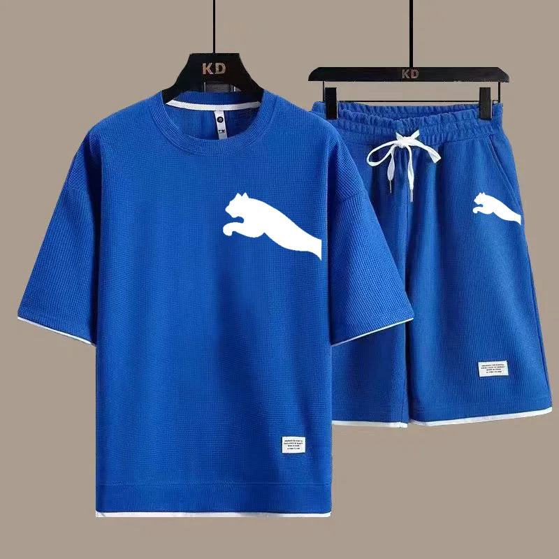 Set 2025 new casual sportswear for men summer two-piece clothing short-sleeved round neck and shorts two fashionable clothes - Ellianto fashion Men's