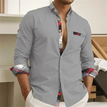 Men's Button Up Shirt, Black and White Solid Color, Long Sleeved Striped Cuffs, Lapel Collar, Daily Vacation Pocket, Fashionable - Ellianto fashion Men's