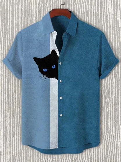 Men's Funny Shirts Harajuku Japanese Men Fun Hide And Seek Black Cat Print Casual Shirt 2025 Summer Holiday 3D Printing Blouse T - Ellianto fashion Men's