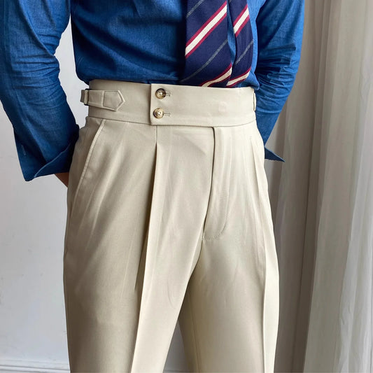 Fashionable High-End Men's Casual Pants Naples Straight Leg Non-Iron Business Paris Buckle High Waist Long Trousers - Ellianto fashion Men's