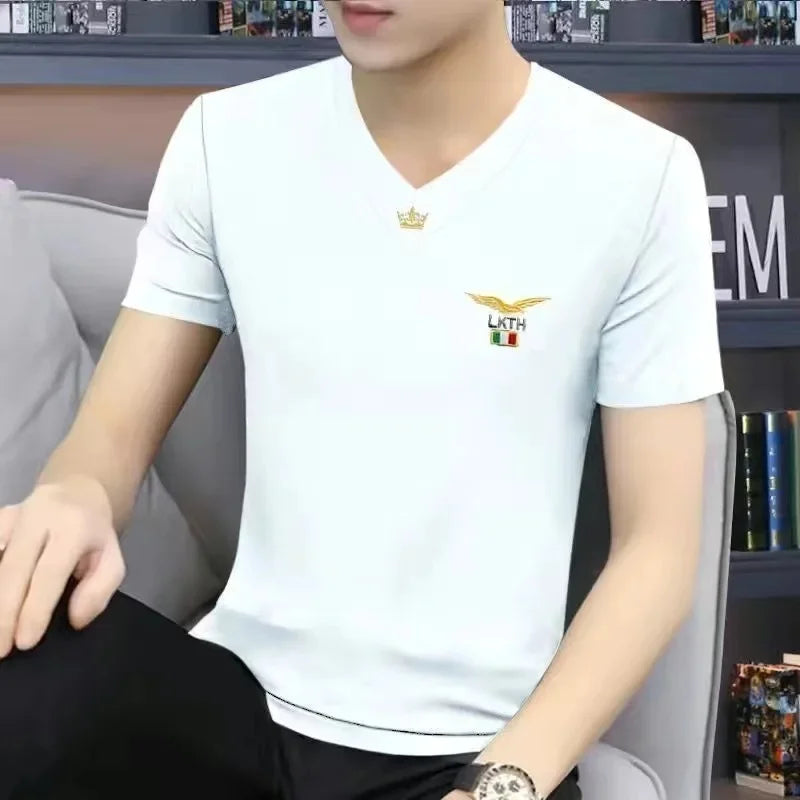 Trendy V-Neck Men's Short Sleeve T-Shirt Casual Slim Fit Summer New Style Sports Top For Smooth Slimming Men