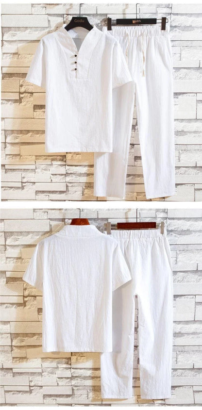 Linen Suit Men's Summer Short Sleeve Hanfu Ancient Buddhist System Zhenshi V-neck T-shirt Cotton Linen 2-piece Set - Ellianto fashion Men's