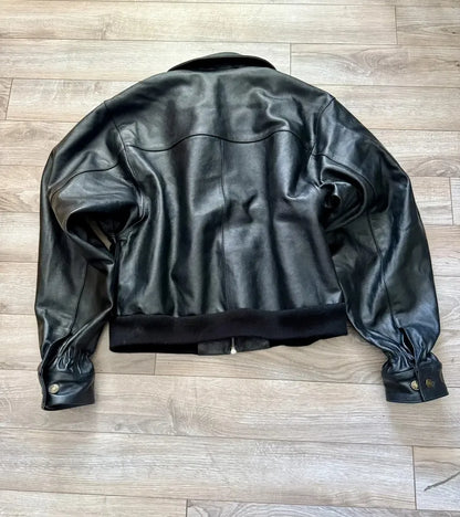 Men Retro Leather Bomber Jacket with Embroidered Star Black Zip Coat Street Style Autumn Winter Casual Outerwear Bold Urban Look