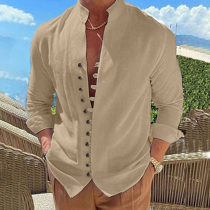 100% pure cotton linen hot selling fashion men's long sleeved shirt solid color stand up collar casual style men's S-3XXL - Ellianto fashion Men's