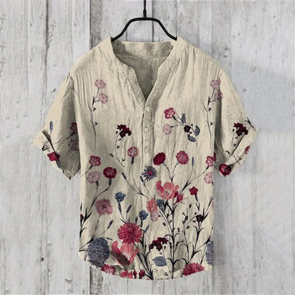 New short-sleeved V-neck shirt short-sleeved 3D printed linen shirt retro fish linen shirt comfortable men's breathable shirt - Ellianto fashion Men's