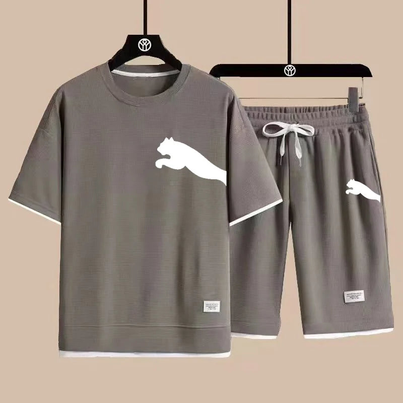 Set 2025 new casual sportswear for men summer two-piece clothing short-sleeved round neck and shorts two fashionable clothes - Ellianto fashion Men's